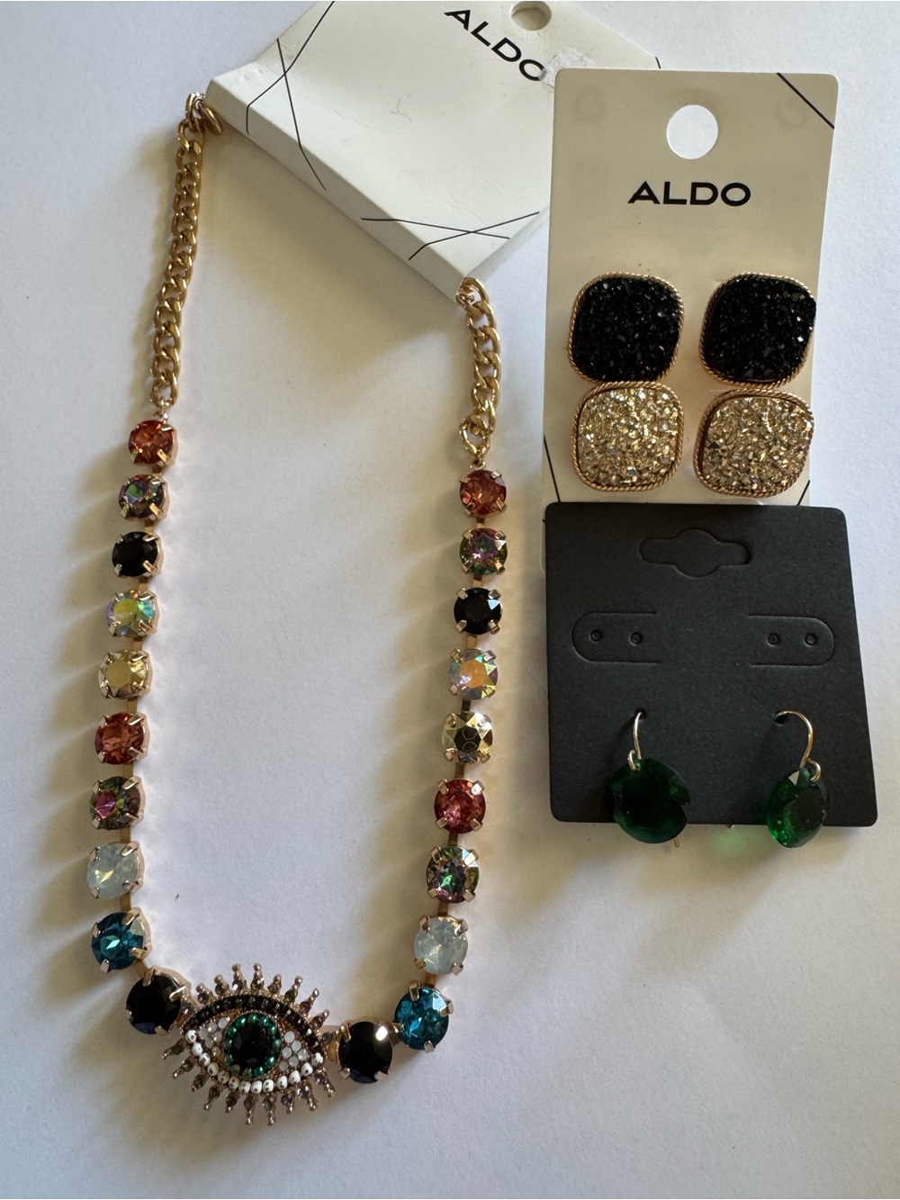 ALDO Gold-Tone Multi-Color Beaded 17” Necklace with Green Crystal Eye Pendant
